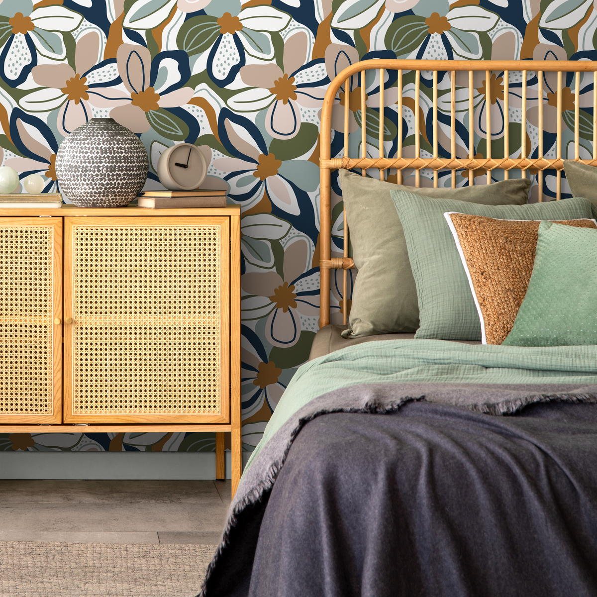 Retro Floral Wallpaper with Bold Abstract Flowers in Blue, Green, and Camel - detail view