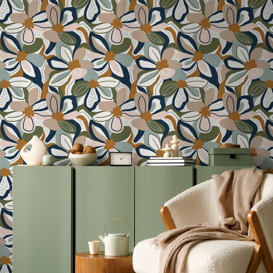 Retro Floral Wallpaper Fun Wallpaper Peel and Stick and Traditional Wallpaper - D657