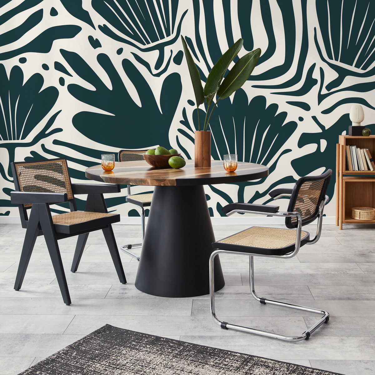 Abstract Wallpaper with a Bold Botanical Motif in Deep Steel Blue - detail view