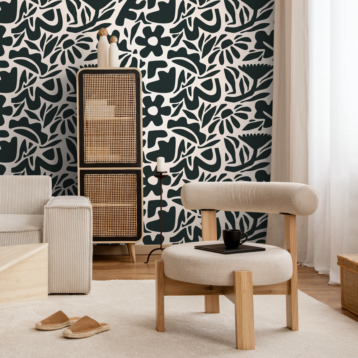 Abstract Wallpaper with a Bold Botanical Motif in Dark Green and Off-White - detail view