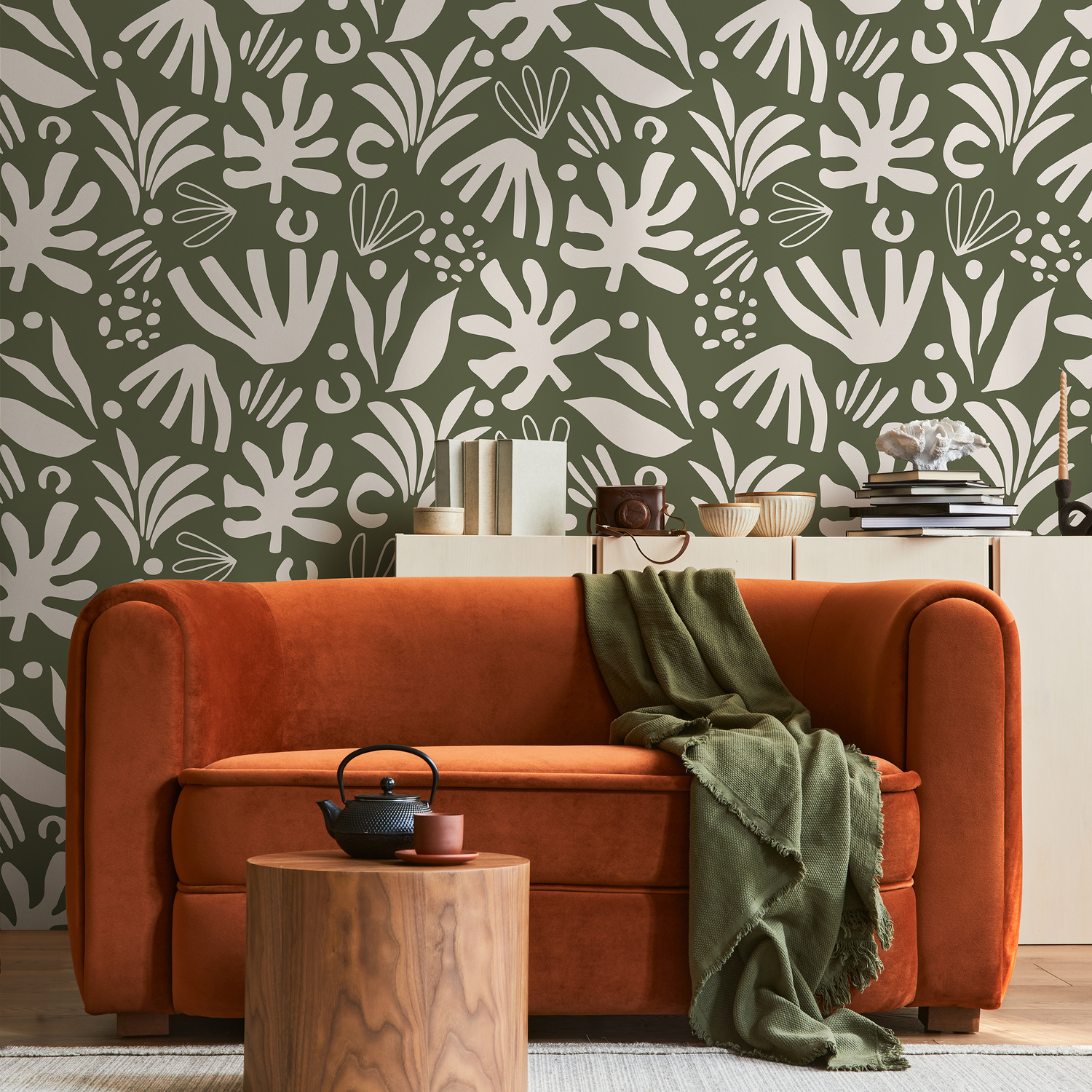 Green Abstract Garden Wallpaper Boho Wallpaper Peel and Stick and Traditional Wallpaper - D680