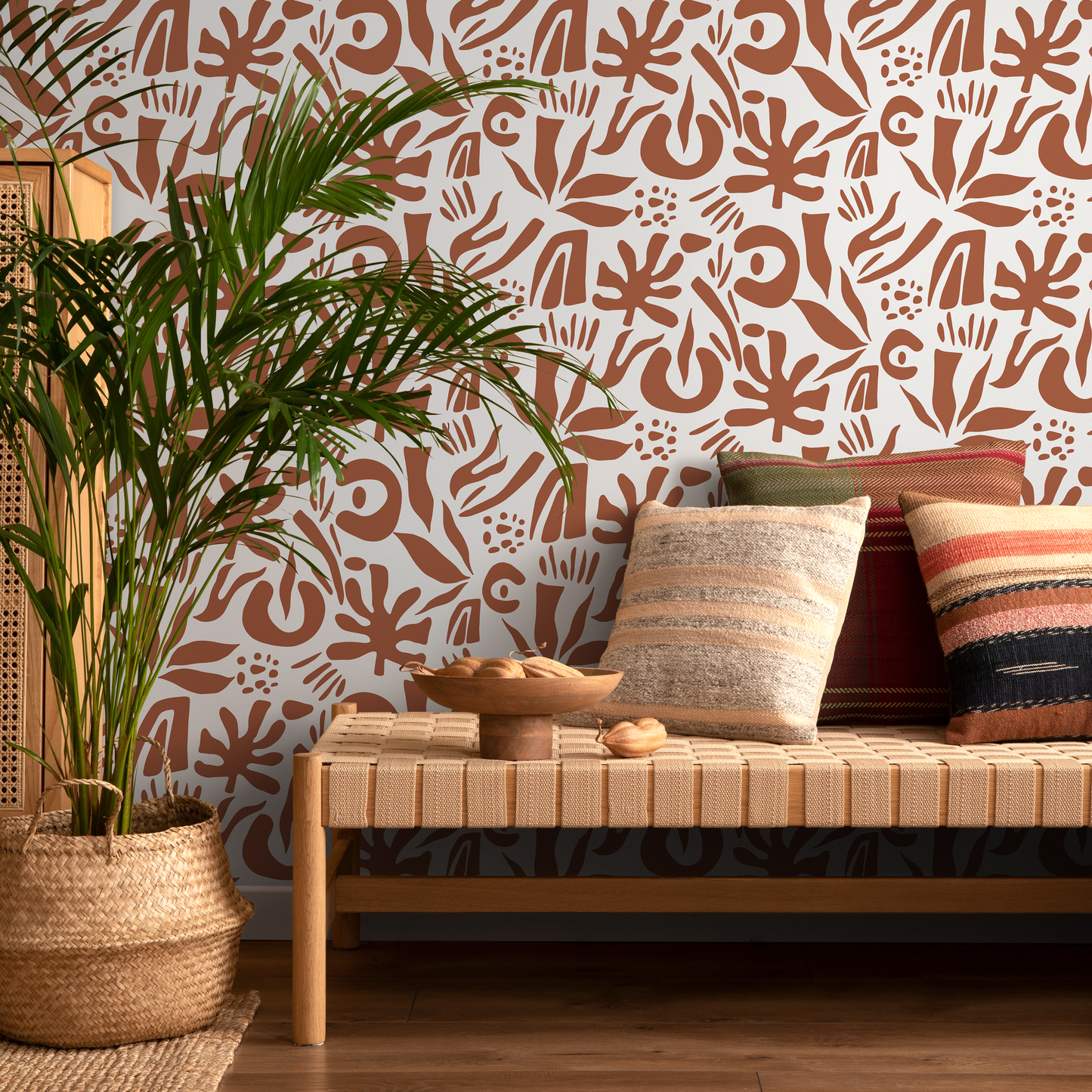 Terracotta Abstract Leaf Wallpaper Boho Wallpaper Peel and Stick and Traditional Wallpaper - D689