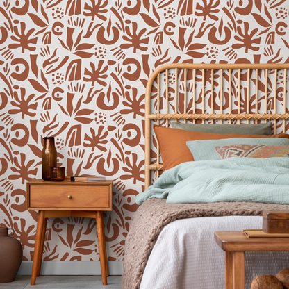 Terracotta Abstract Leaf Wallpaper Boho Wallpaper Peel and Stick and Traditional Wallpaper - D689