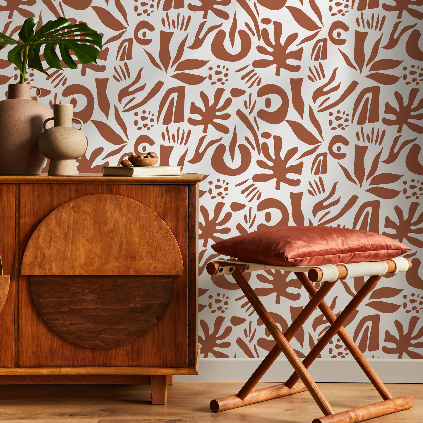 Terracotta Abstract Leaf Wallpaper Boho Wallpaper Peel and Stick and Traditional Wallpaper - D689