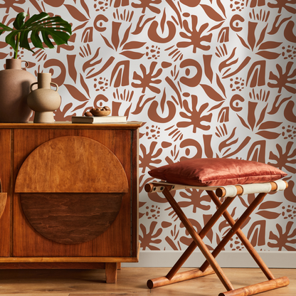 Terracotta Abstract Leaf Wallpaper Boho Wallpaper Peel and Stick and Traditional Wallpaper - D689