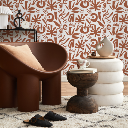 Terracotta Abstract Leaf Wallpaper Boho Wallpaper Peel and Stick and Traditional Wallpaper - D689