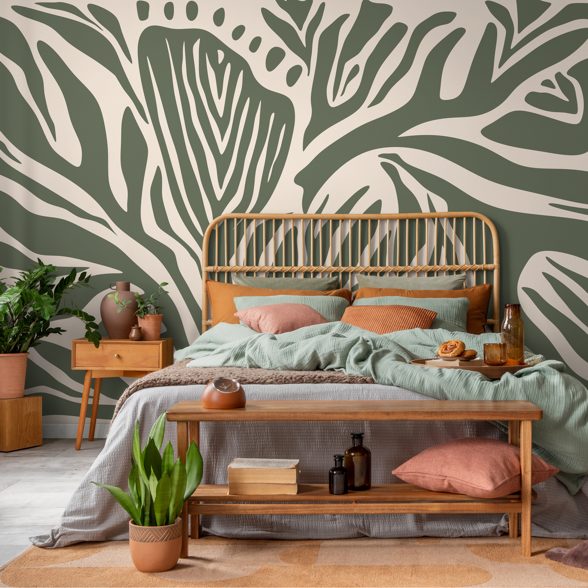 Abstract Wallpaper with Flowing Organic Shapes in Olive Green and Cream - detail view