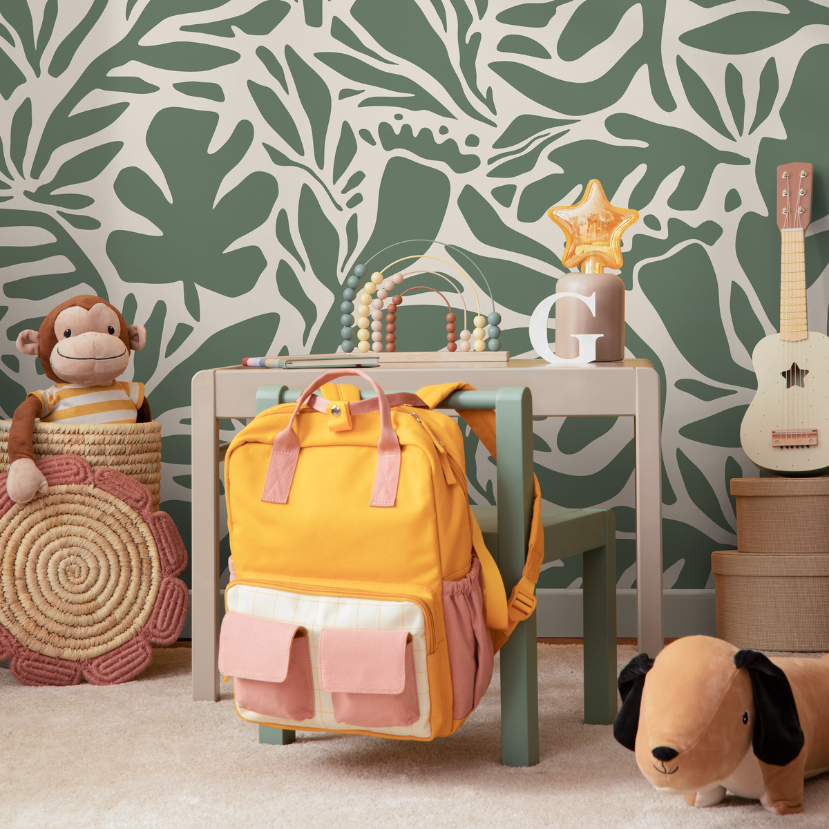 Abstract Wallpaper with a Stylized Leaf Motif in Sage Green and Cream - detail view