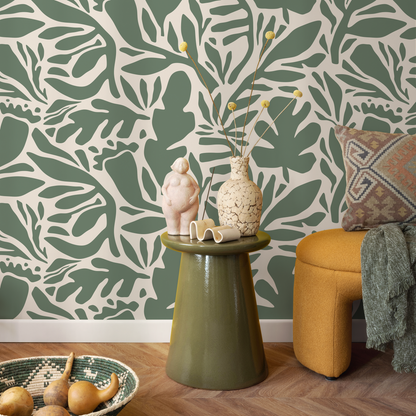 Sage Green Leaves Wallpaper Abstract Wallpaper Peel and Stick and Traditional Wallpaper - D697