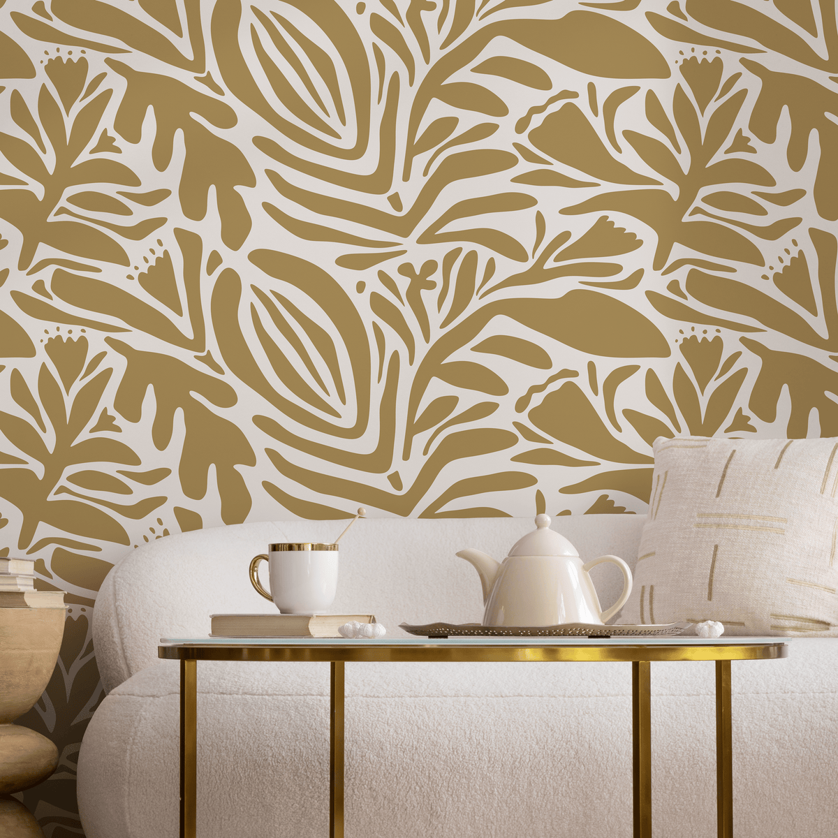Abstract Wallpaper Featuring Stylized Botanicals in Mustard and Off-White - detail view
