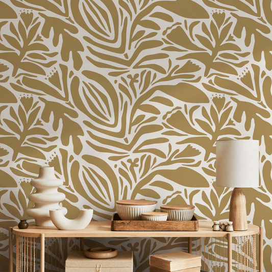 Mustard Floral Wallpaper Abstract Wallpaper Peel and Stick and Traditional Wallpaper - D702