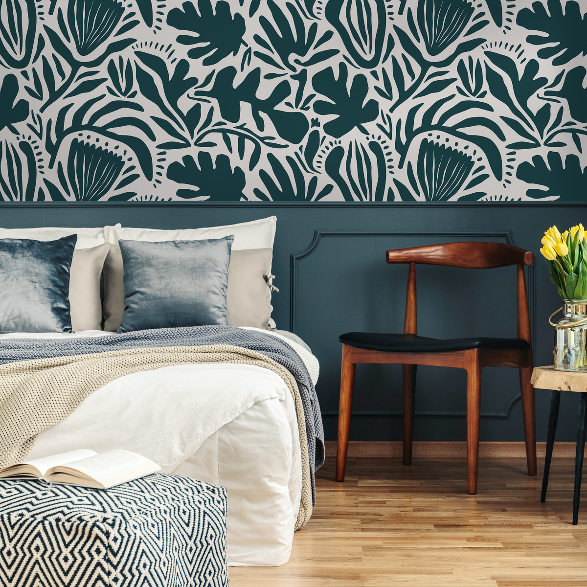 Abstract Floral Wallpaper with Modern Botanical Shapes in Teal - detail view