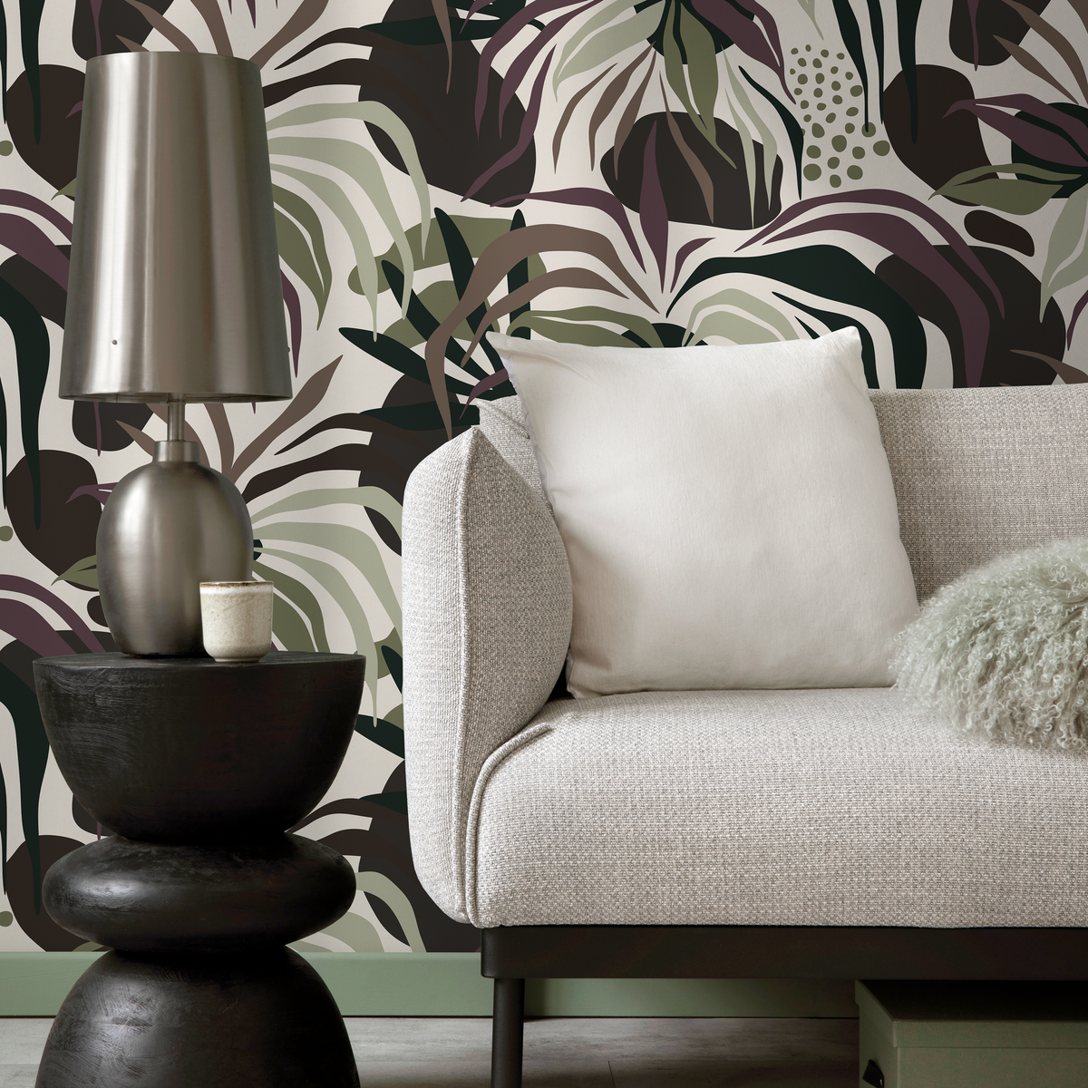 Botanical Wallpaper with Leaves in Green, Purple, and Brown - detail view