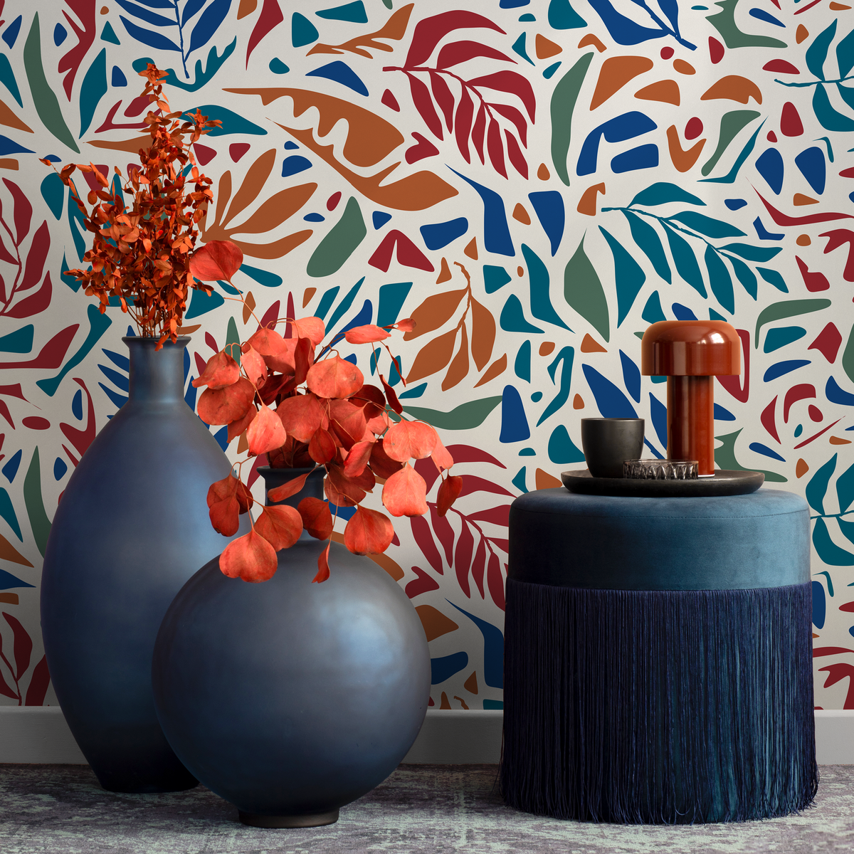 Leaf Wallpaper with Stylized Cutouts in Red, Blue, and Orange - detail view