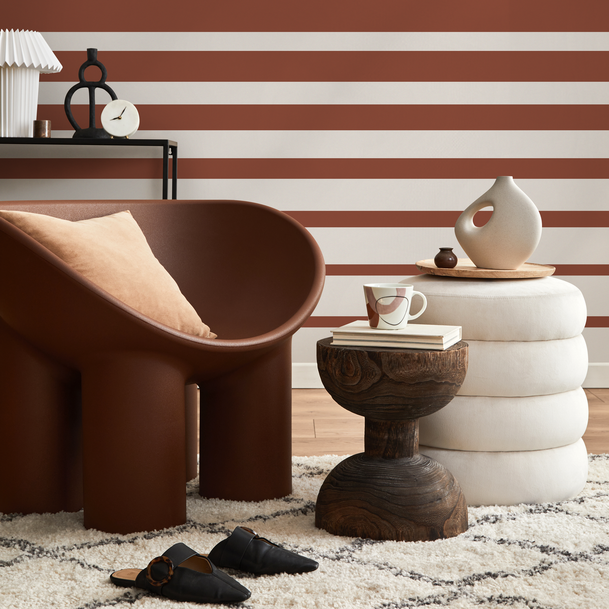 Striped Wallpaper with a Bold Horizontal Motif in Terracotta and Cream - detail view