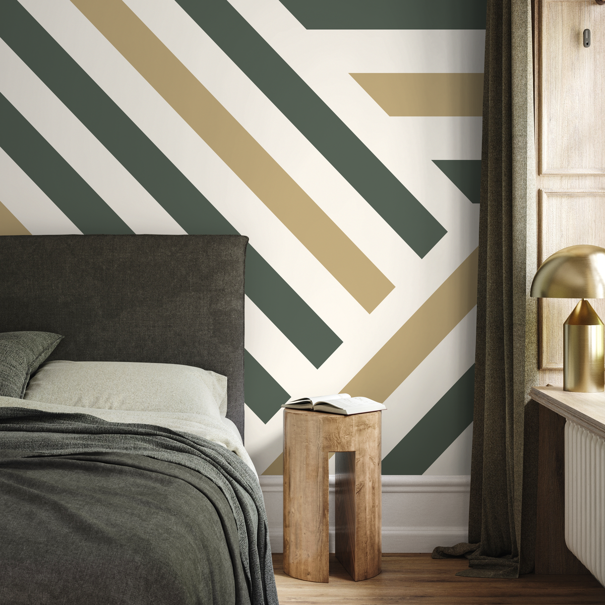 Modern Geometric Wallpaper with Bold Diagonal Stripes in Green and Beige - detail view