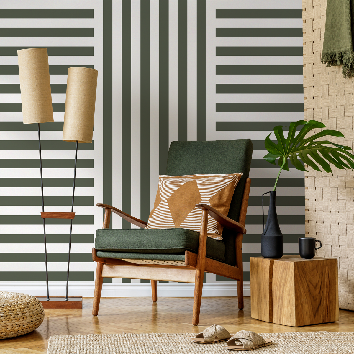 Modern Geometric Wallpaper with Alternating Block Stripes in Olive Green - detail view