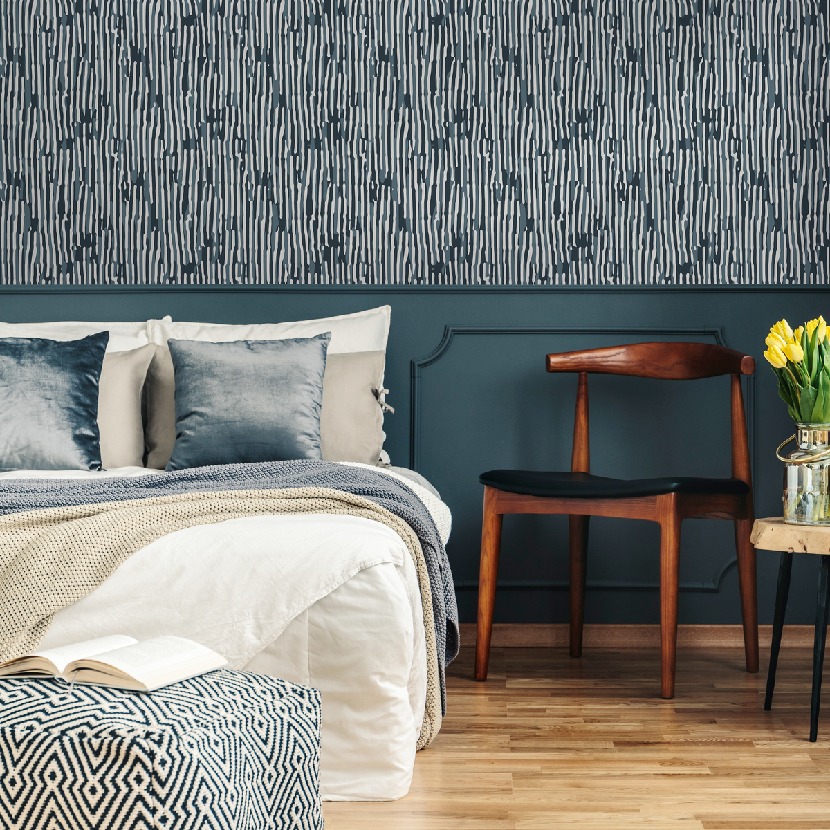 Abstract Wallpaper with an Organic Stripe Motif in Blue, Teal, and Cream - detail view