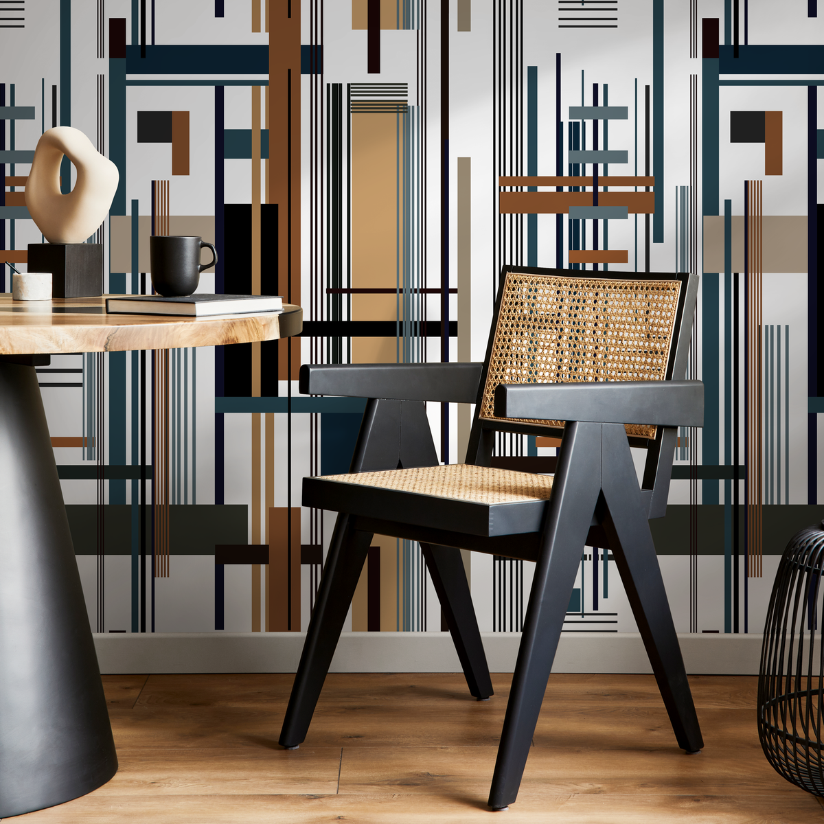 Abstract Wallpaper with Intersecting Geometric Lines in Black, Blue, and Brown - detail view