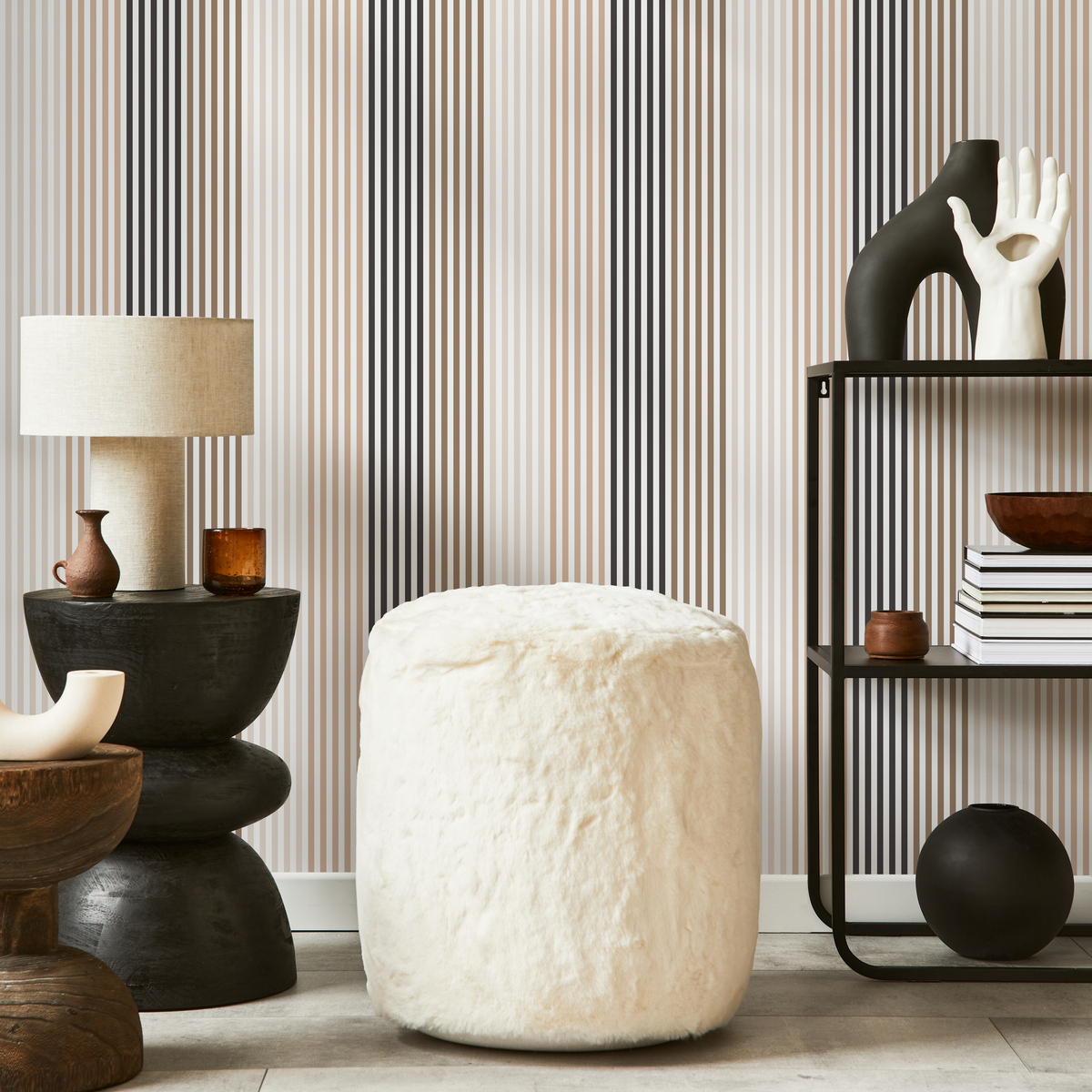 Modern Striped Wallpaper with Vertical Lines in Beige, Brown, and Black - detail view