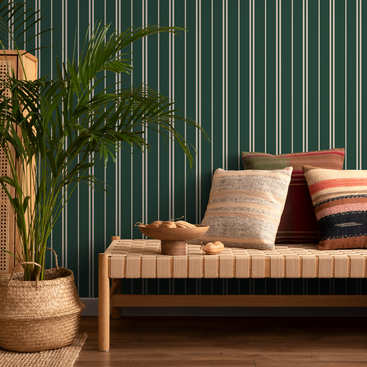 Striped Wallpaper with Thin Vertical Lines in Dark Green and Cream - detail view