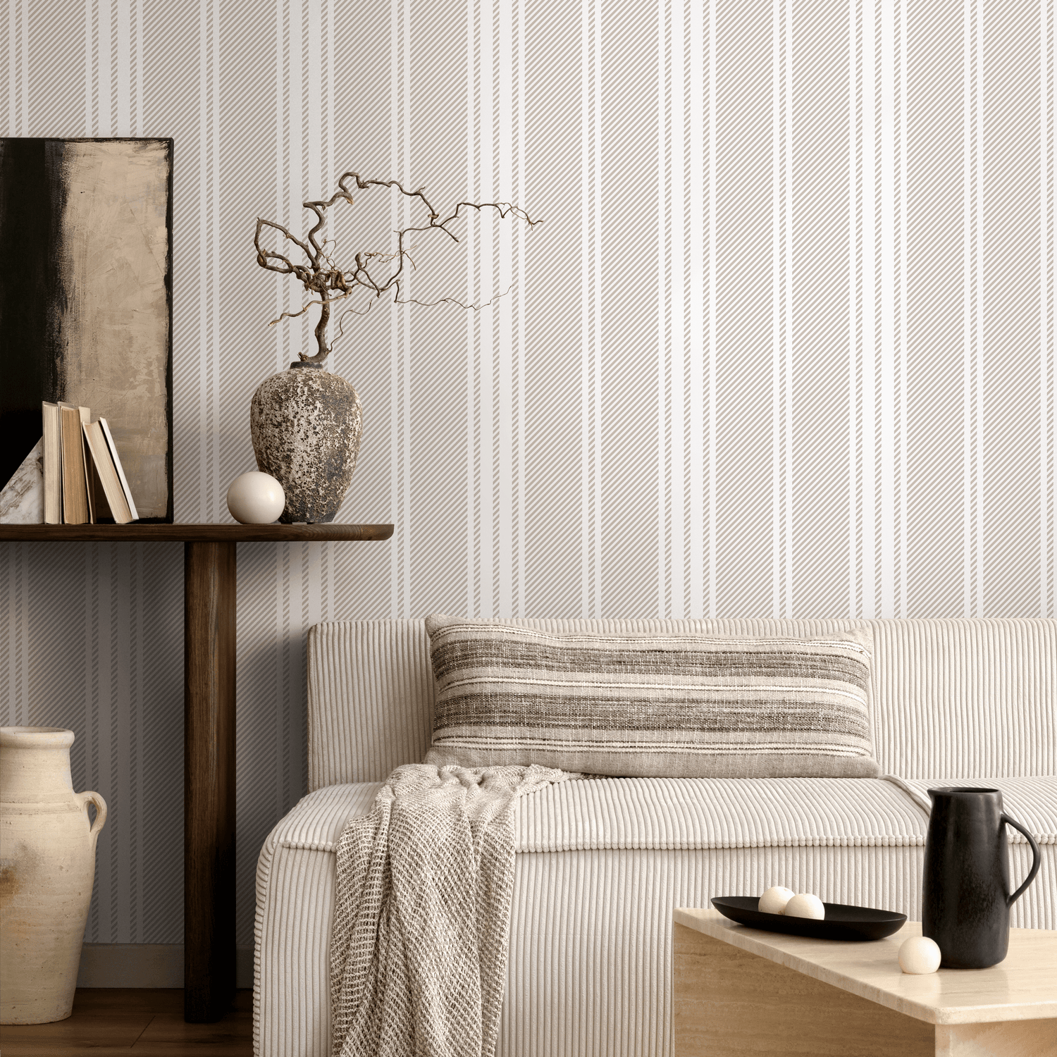 Papel pintado de rayas neutras, estilo rústico, autoadhesivo y tradicional - D782