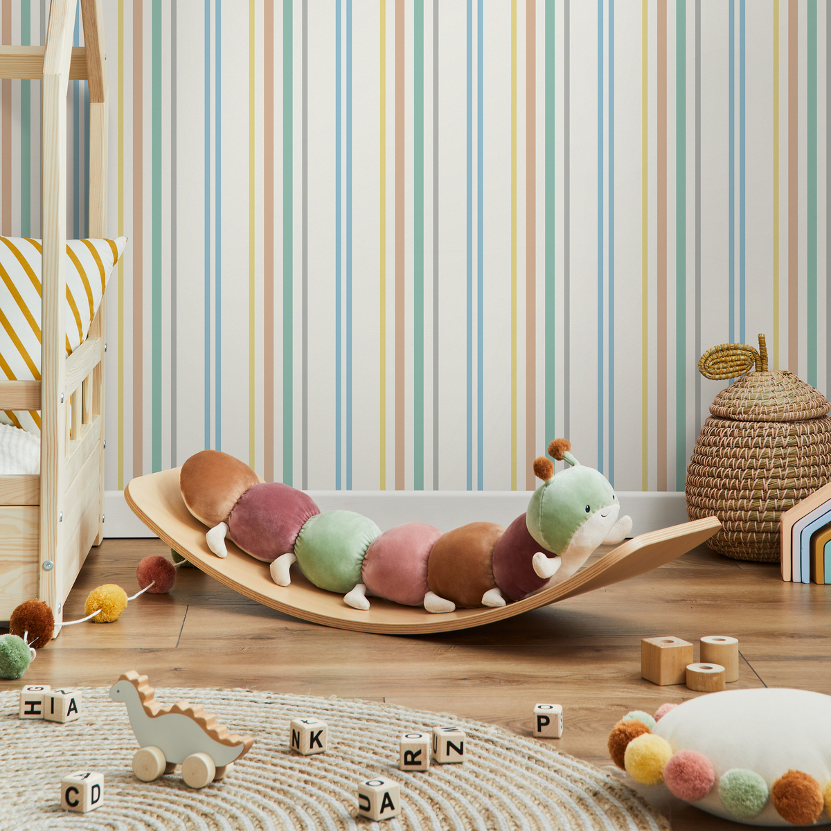 Striped Wallpaper Featuring Multicolored Vertical Stripes in Blue, Green, and Yellow - detail view