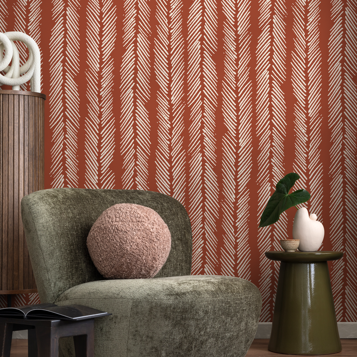 Herringbone Wallpaper with a Rustic Hand-Drawn Motif in Terracotta and Off-White - detail view