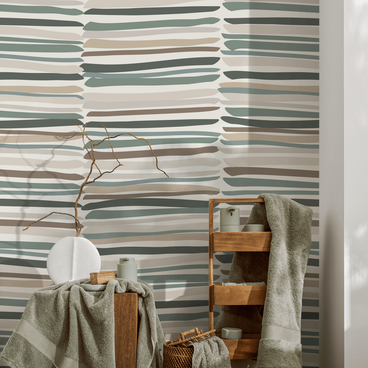 Striped Wallpaper with Organic Brushstrokes in Green, Brown, and Cream - detail view