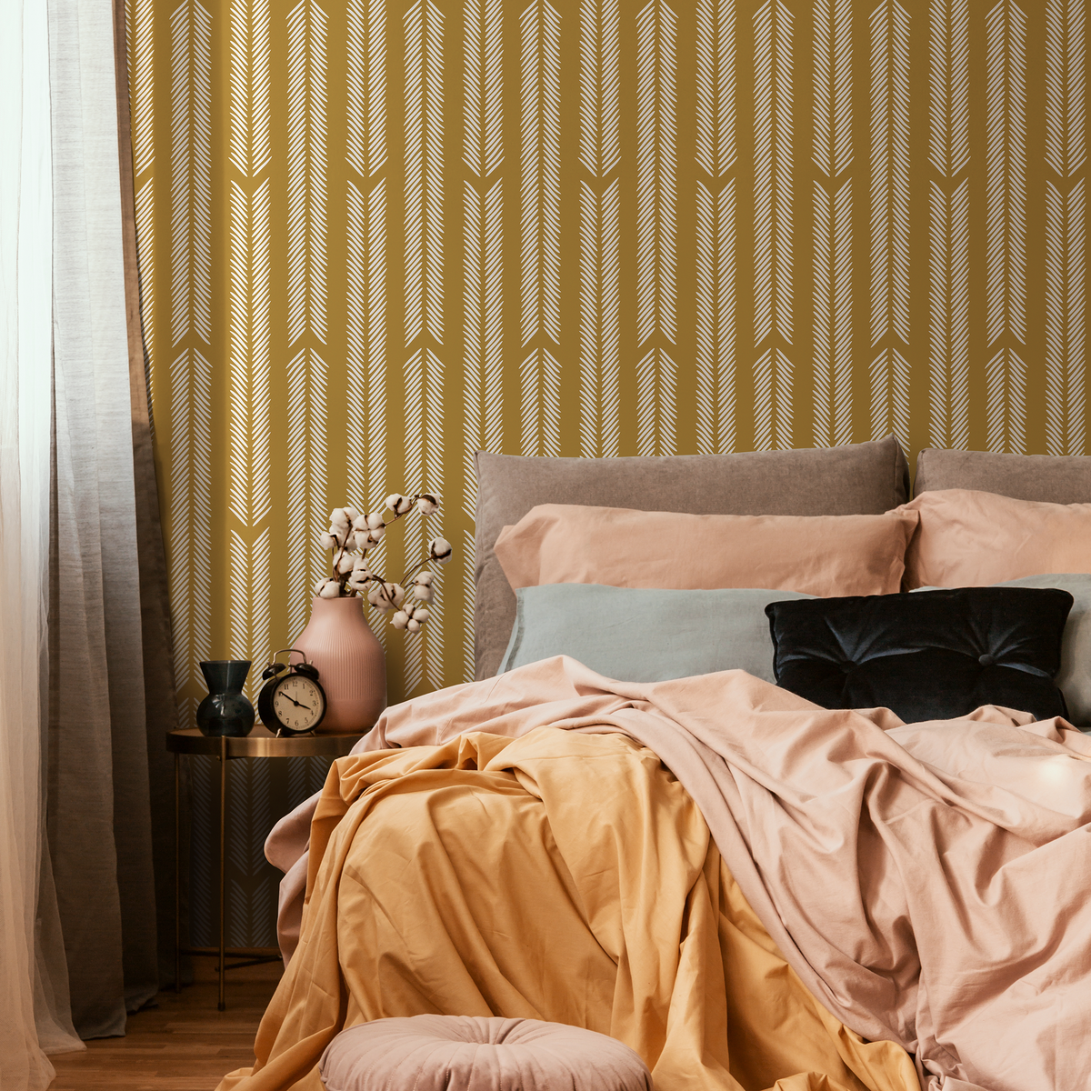 Mustard Herringbone Wallpaper Minimalist Wallpaper Peel and Stick and Traditional Wallpaper - D801 - ONDECOR.COM