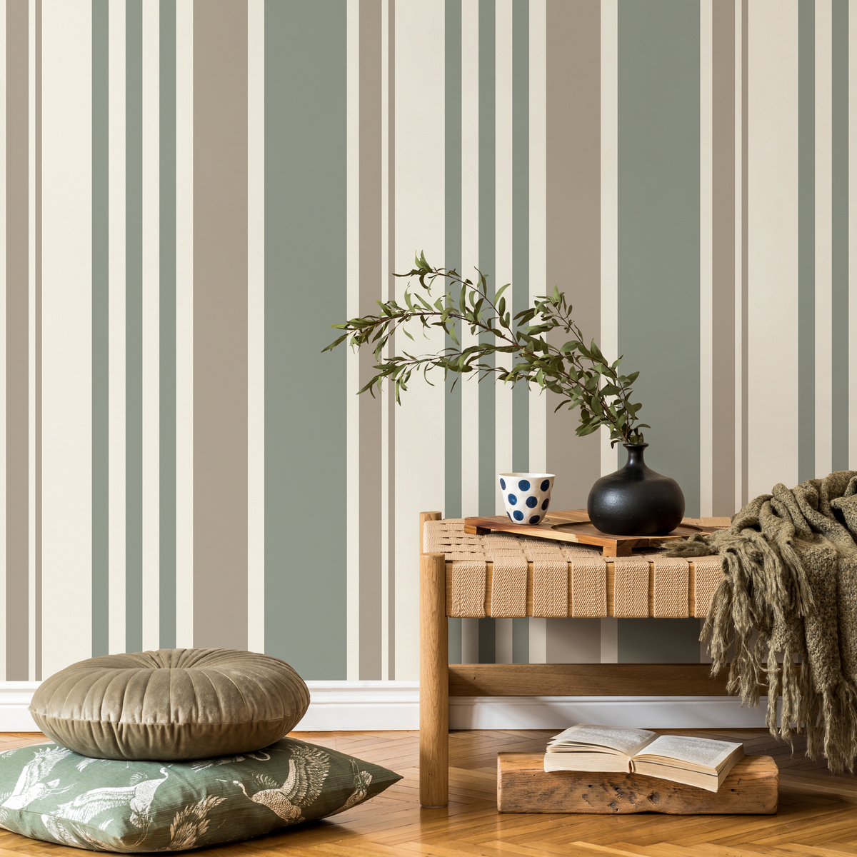 Striped Wallpaper with Vertical Lines in Green, Taupe, and Cream - detail view