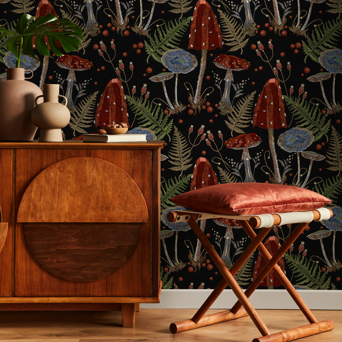 Mushroom Wallpaper Featuring Red and Blue Toadstools in Black and Green - detail view