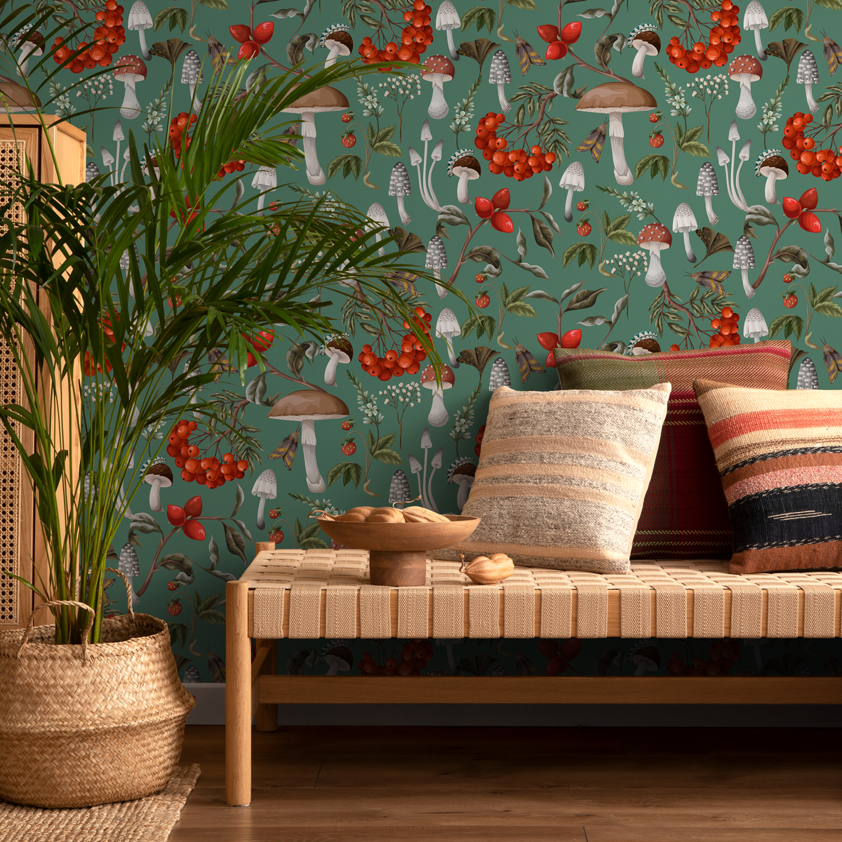 Botanical Wallpaper with Mushrooms and Berries in Green, Red, and Brown - detail view