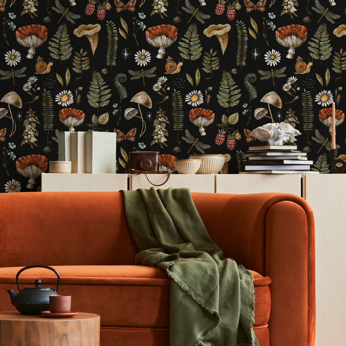 Dark Mushroom Wallpaper Dark Botanical Wallpaper Peel and Stick and Traditional Wallpaper - D821 - ONDECOR.COM