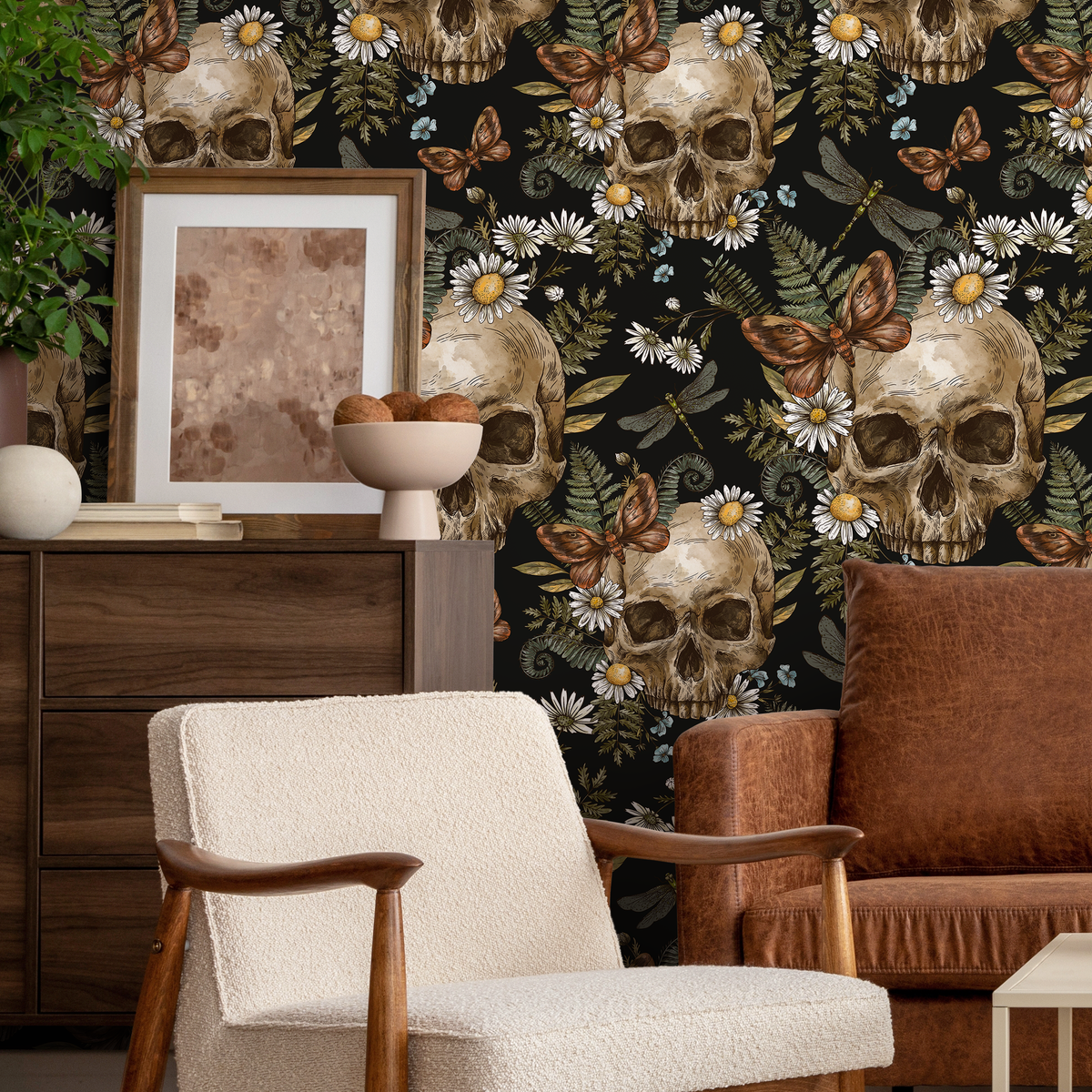 Gothic Wallpaper with Skulls, Ferns, and Daisies in Black, Green, and Brown - detail view