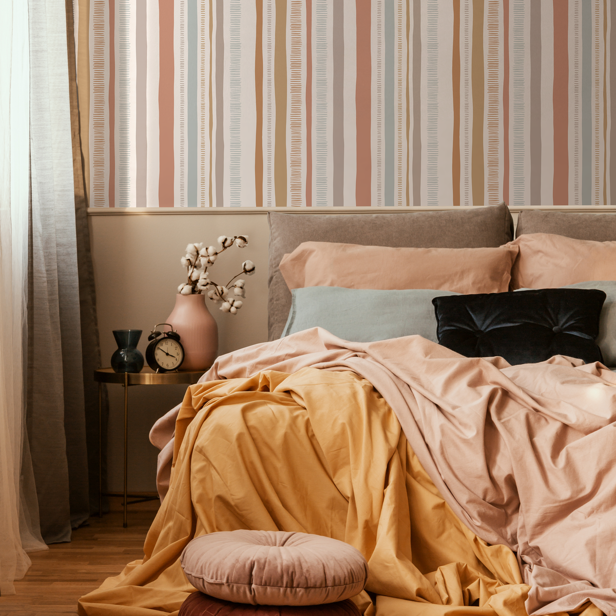 Abstract Striped Wallpaper in Terracotta, Blue, and Beige - detail view