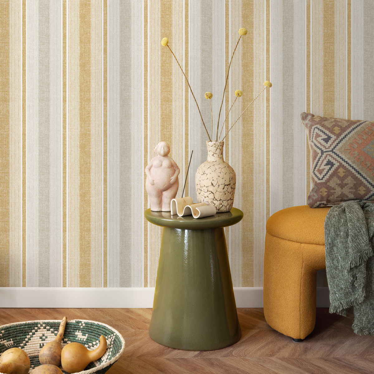 Textured Wallpaper with Vertical Stripes in Yellow, Grey, and Beige - detail view