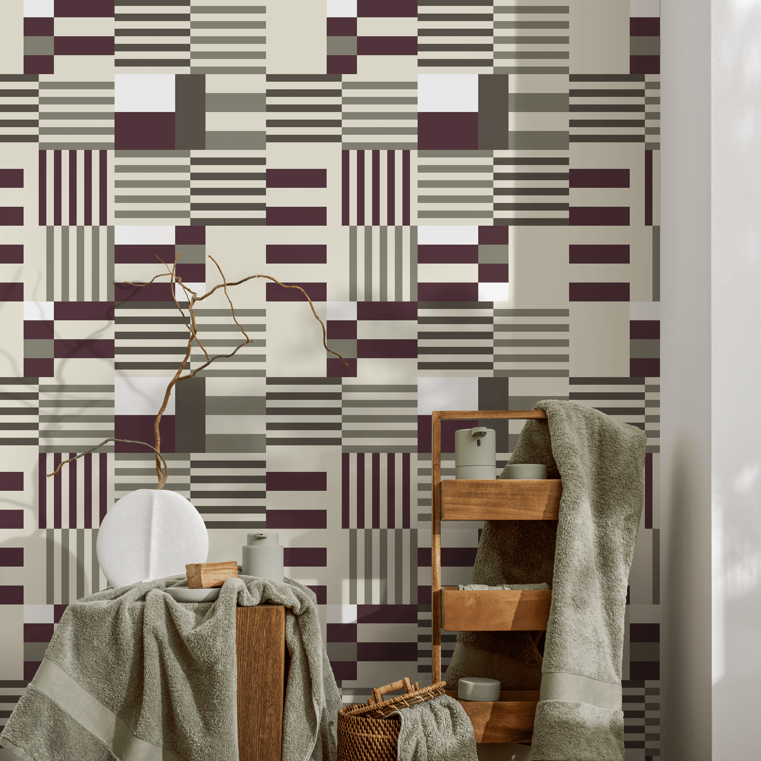 Papier peint géométrique moderne gris et violet, papier peint autocollant et traditionnel - D846