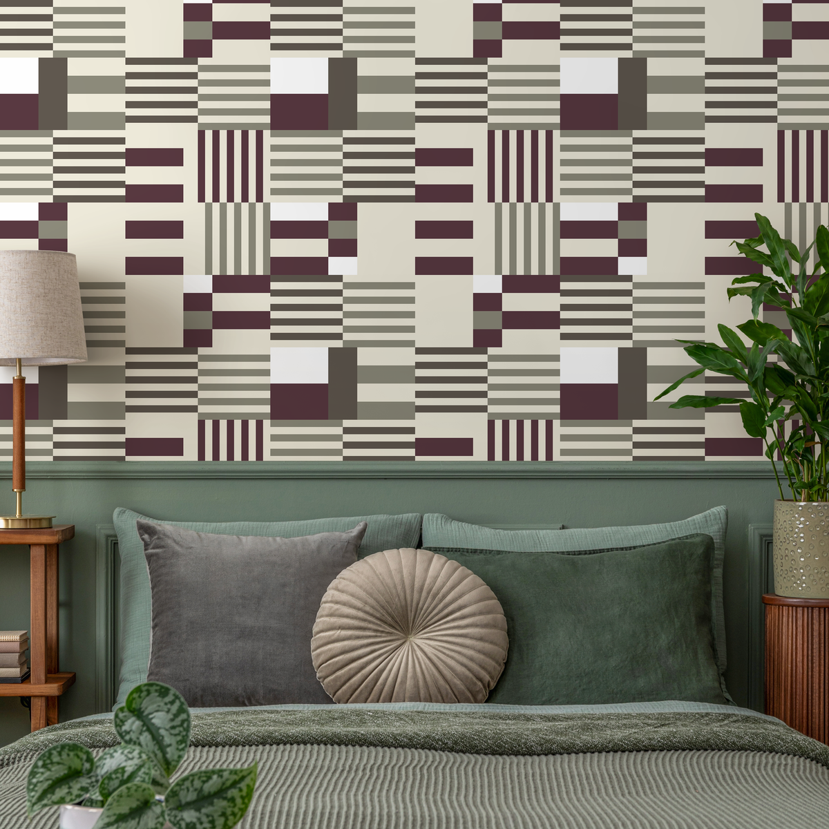 Geometric Wallpaper with a Modern Block Motif in Purple, Olive, and Beige - detail view