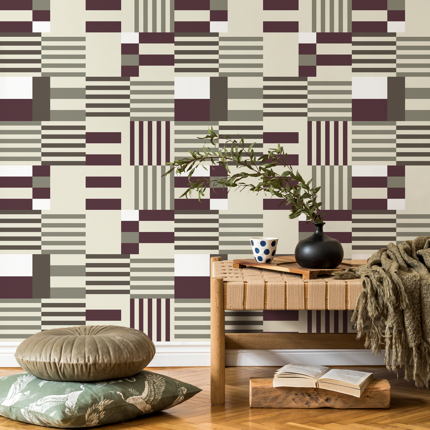Papier peint géométrique moderne gris et violet, papier peint autocollant et traditionnel - D846