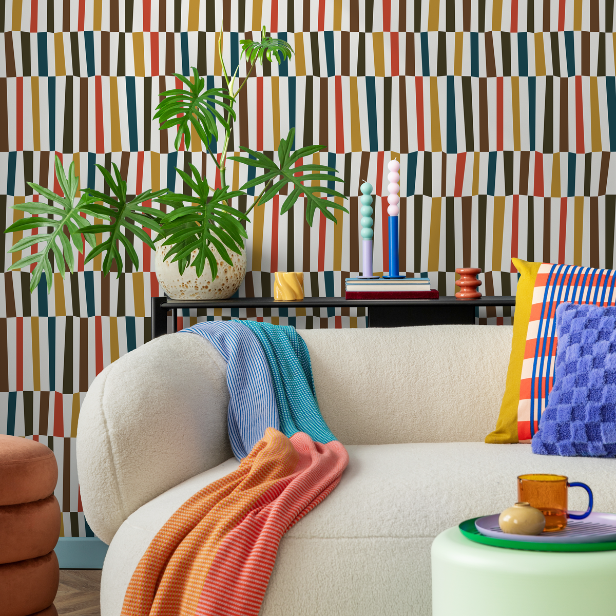 Mid Century Wallpaper with a Block Stripe Design in Teal, Mustard, and Red - detail view