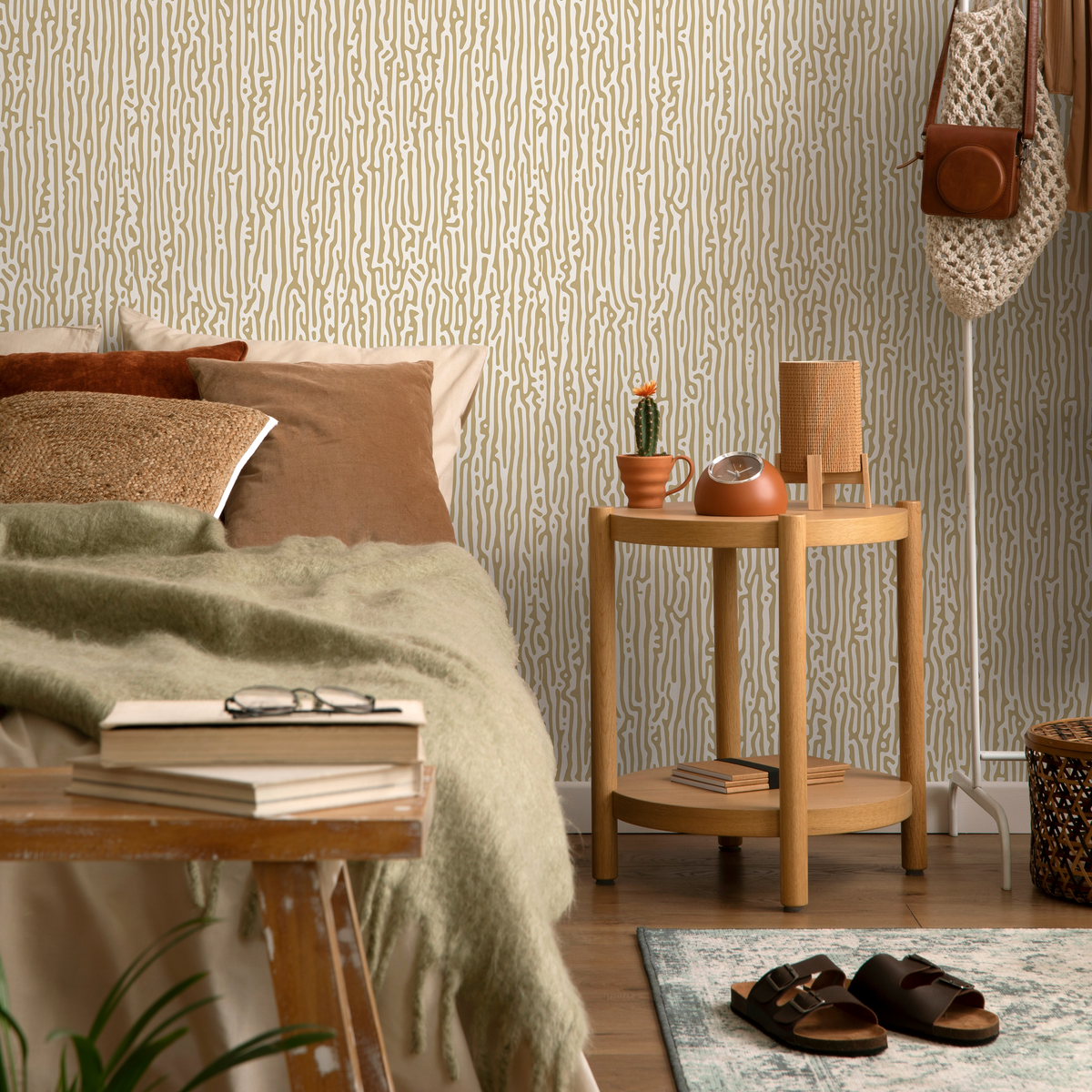 Animal Print Wallpaper with Organic Motif in Tan and Light Beige - detail view