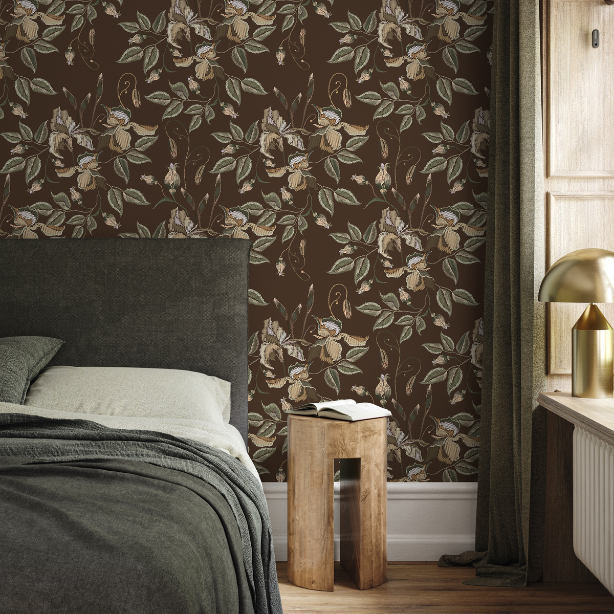 Vintage Floral Wallpaper Featuring a Vintage Iris Motif in Brown, Beige, and Green - detail view