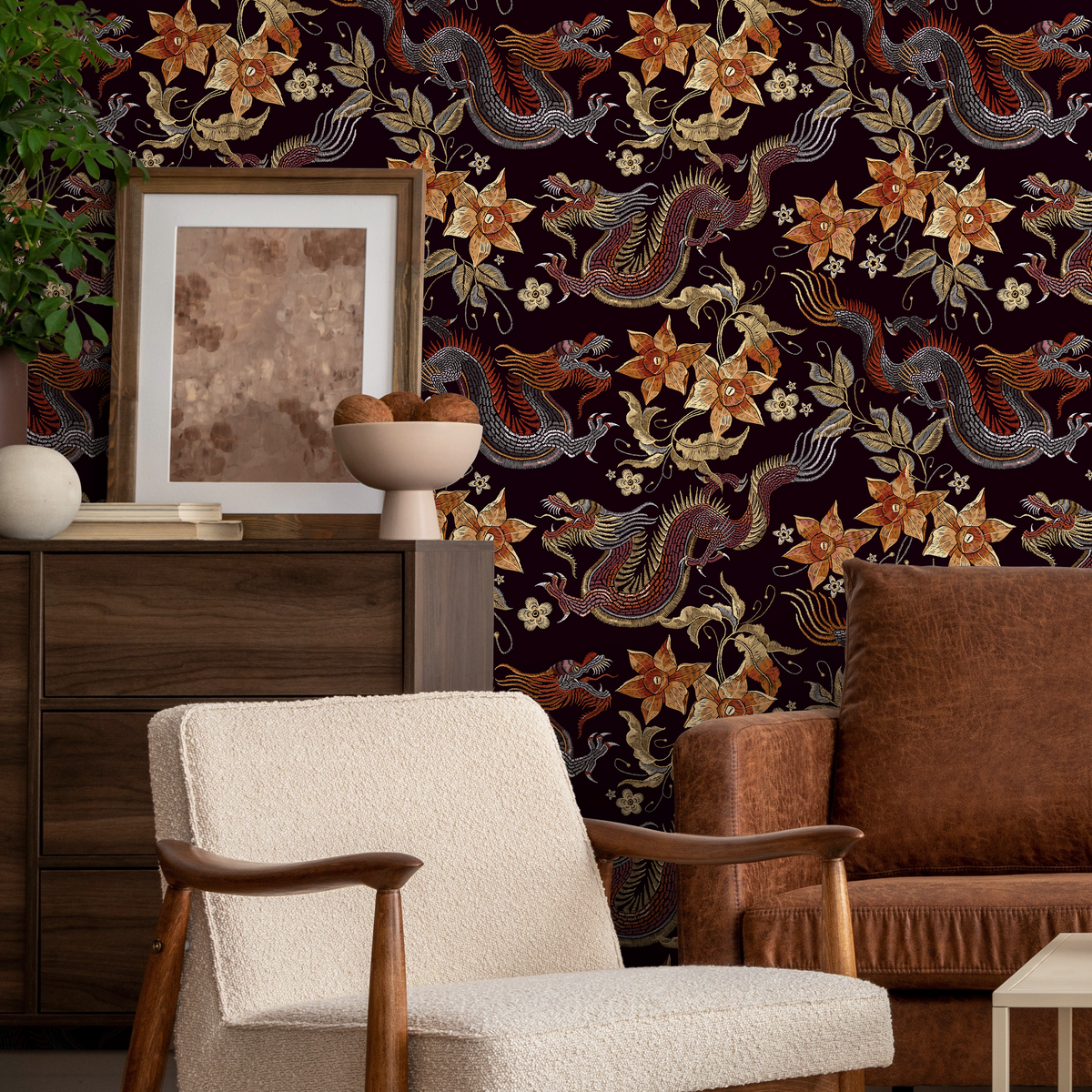 Chinoiserie Wallpaper with Dragons and Florals in Red and Orange - detail view