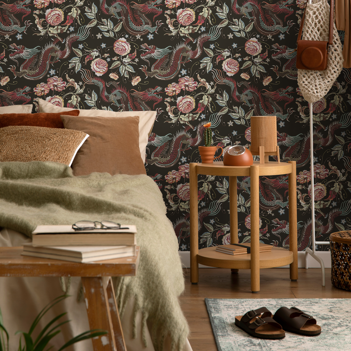 Chinoiserie Wallpaper with Dragons and Roses in Red, Pink, and Blue - detail view