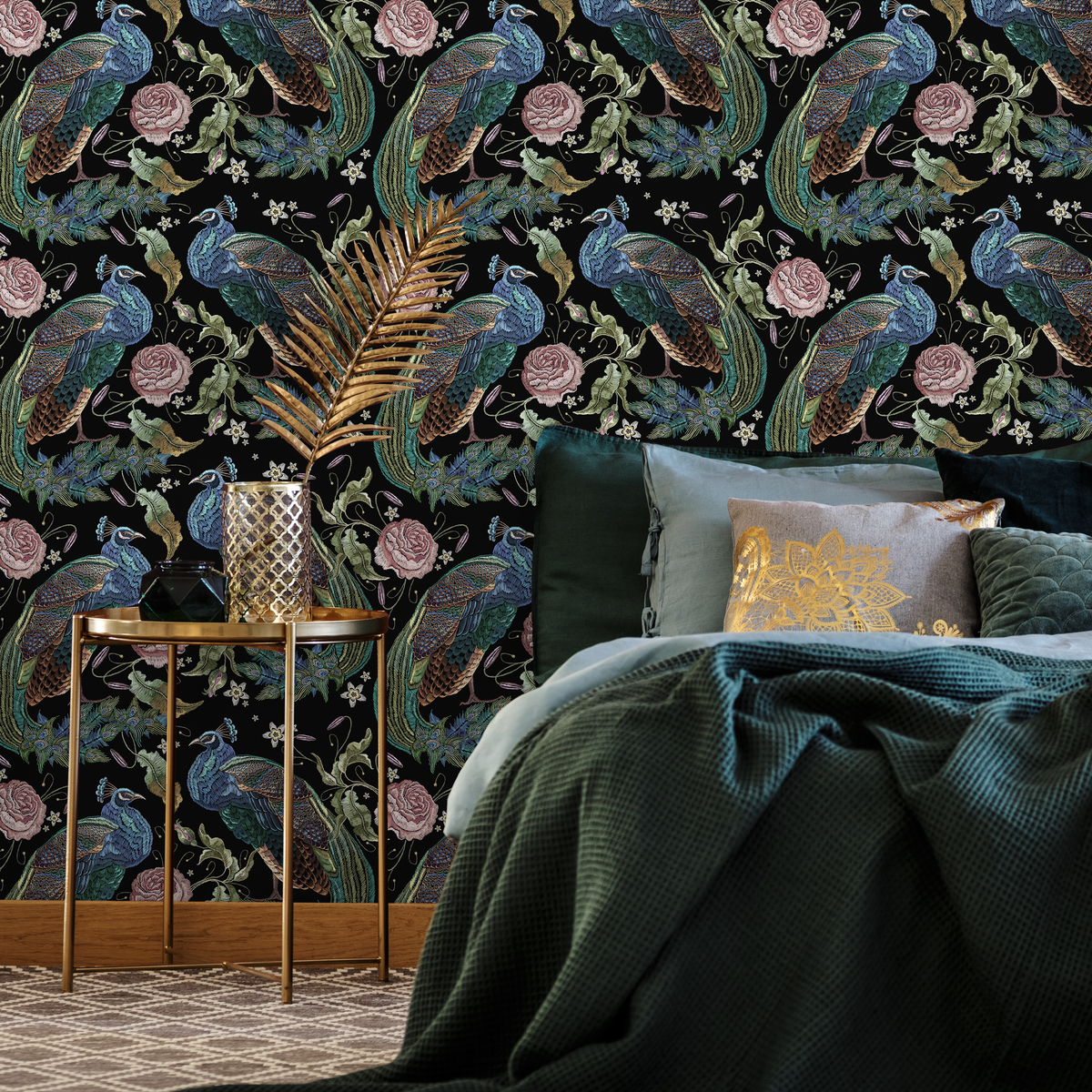 Floral Wallpaper with Embroidered Peacocks and Roses in Black, Blue, and Pink - detail view