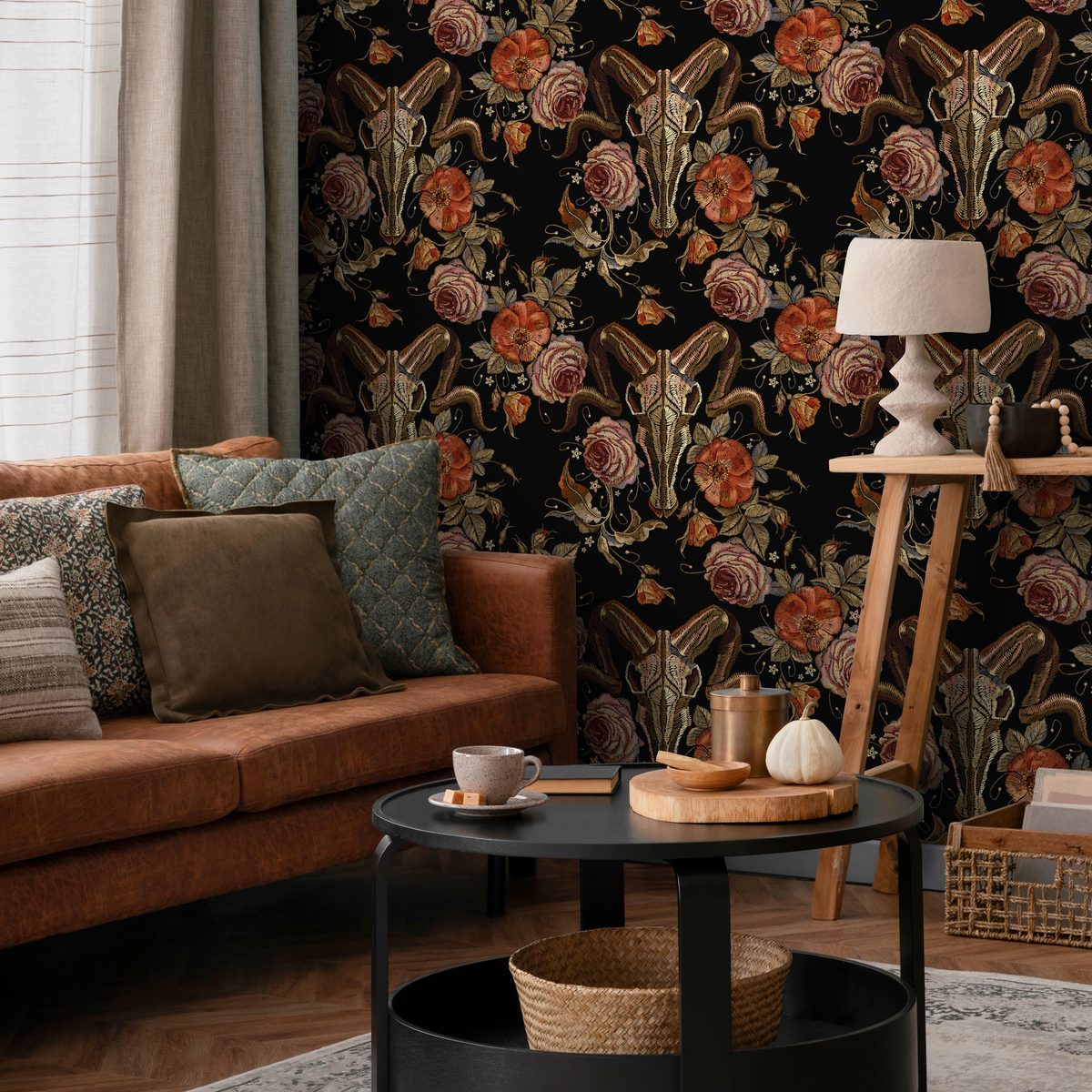 Gothic Wallpaper with Embroidered Goat Skulls and Roses in Black, Orange, and Pink - detail view