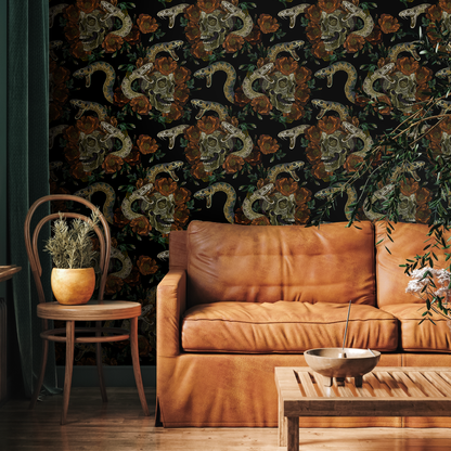 Dark Floral Wallpaper Snake and Skulls Wallpaper Peel and Stick and Traditional Wallpaper - D901