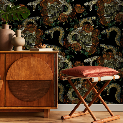 Dark Floral Wallpaper Snake and Skulls Wallpaper Peel and Stick and Traditional Wallpaper - D901