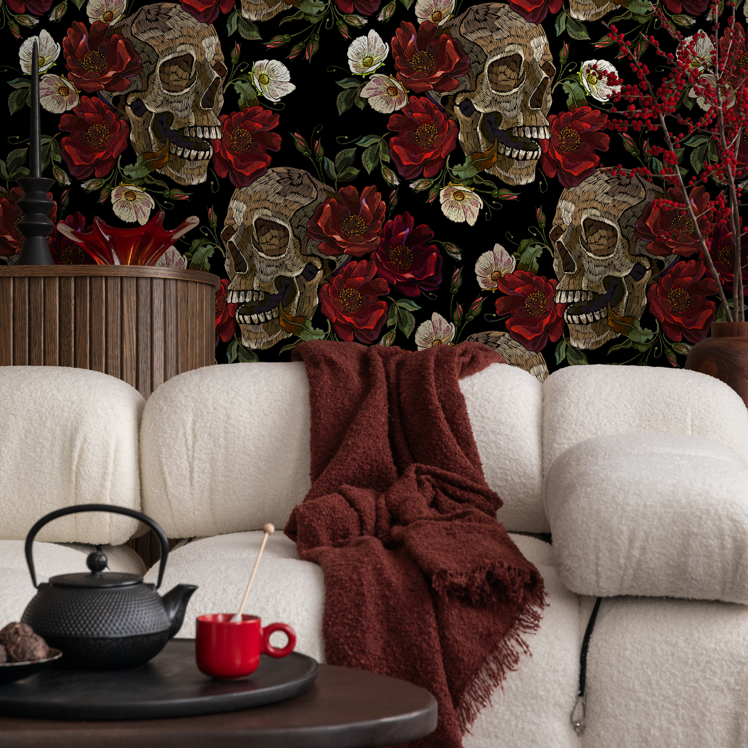 Dark Floral and Skull Wallpaper Maximalist Wallpaper Peel and Stick and Traditional Wallpaper - D905 - ONDECOR.COM